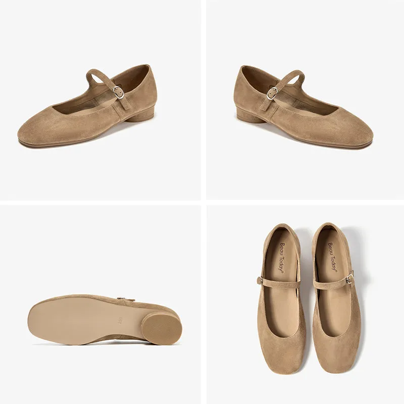 BeauToday Retro Suede Round Toe Mary Janes Flat with Buckle Strap for Women