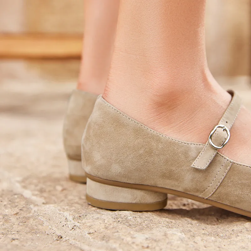 BeauToday Retro Suede Round Toe Mary Janes Flat with Buckle Strap for Women