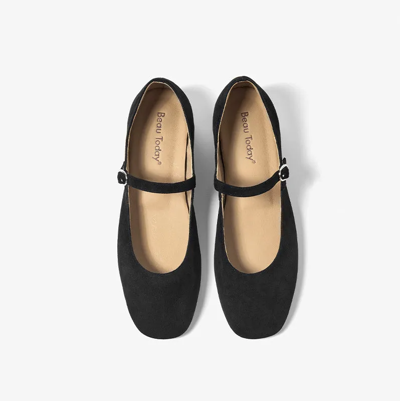 BeauToday Retro Suede Round Toe Mary Janes Flat with Buckle Strap for Women