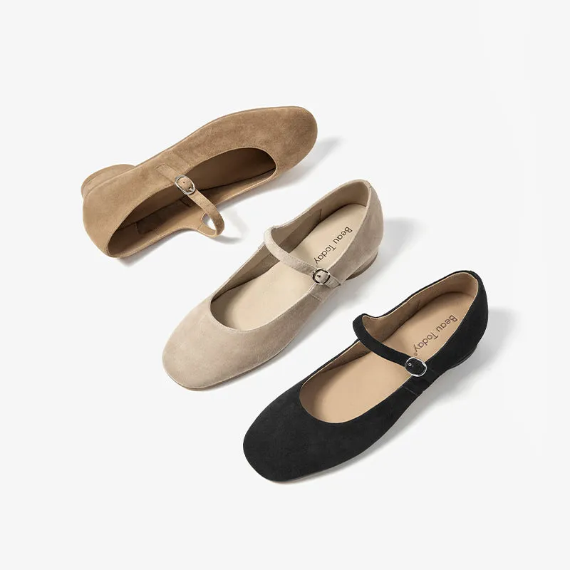 BeauToday Retro Suede Round Toe Mary Janes Flat with Buckle Strap for Women