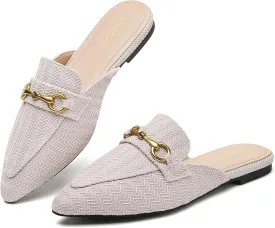 Buckle Mules for Women Pointed Toe Backless Flat Mules Slip on Slides Loafer Shoes