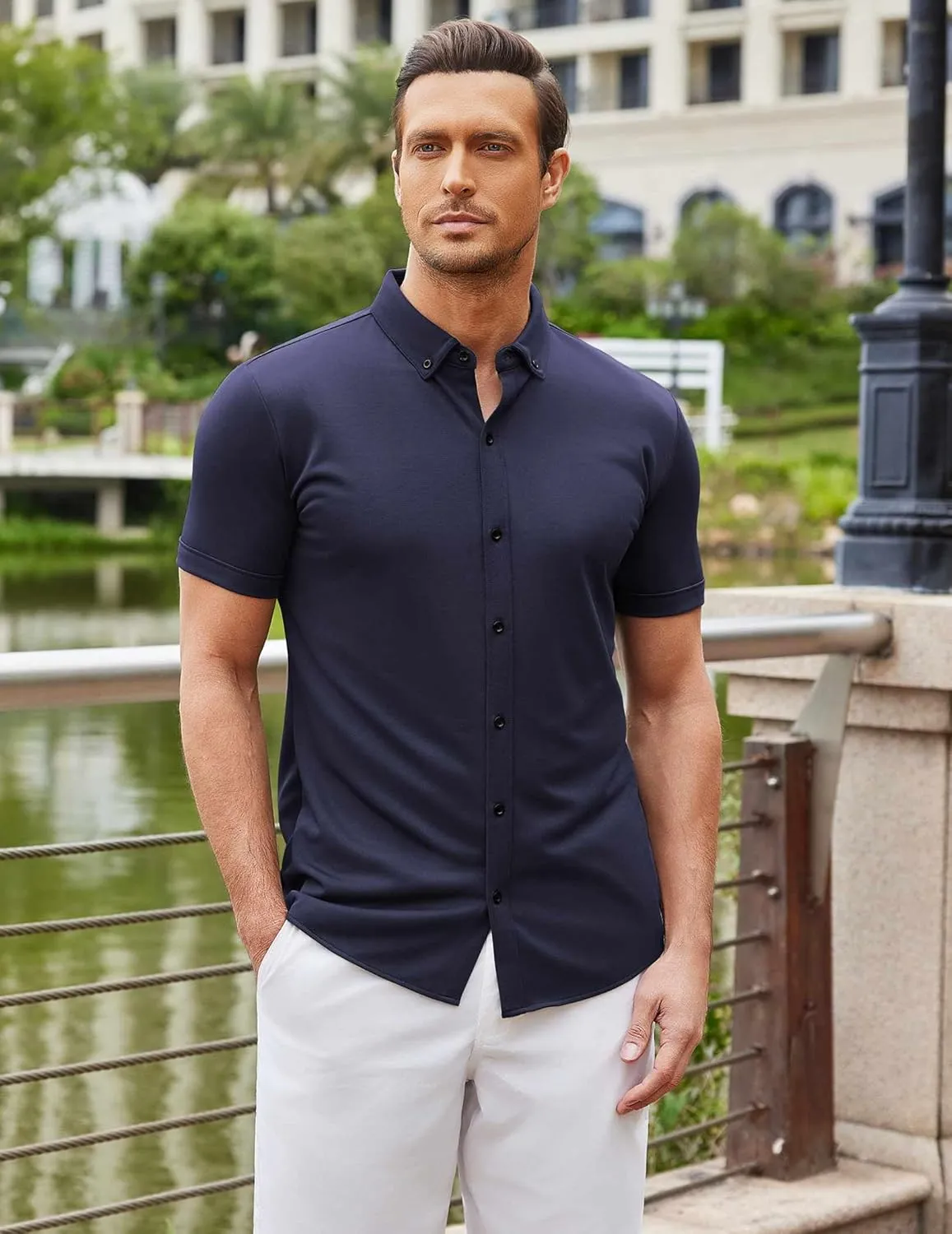 COOFANDY Men's Short Sleeve Casual Button Down Shark Shirts Wrinkle Free Untucked Shirt Summer Stretch Dress Shirts