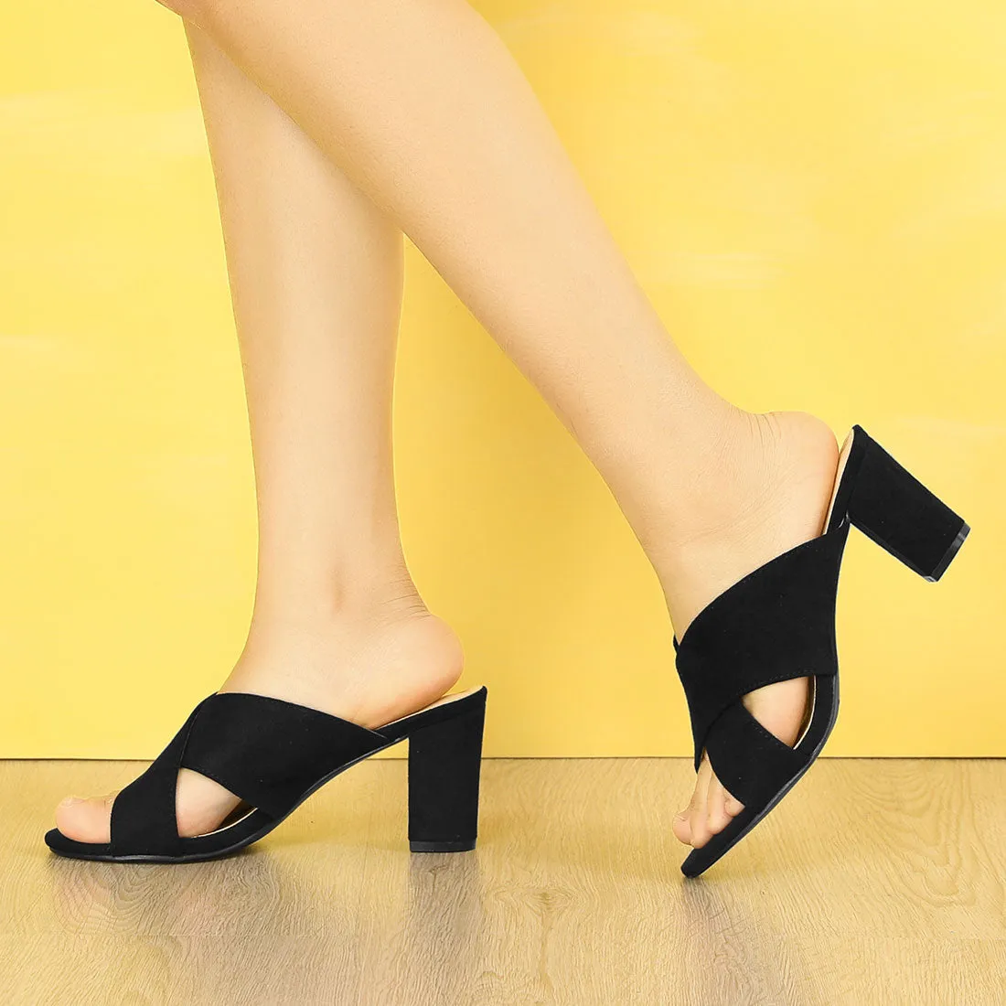 Crisscross Strap Block Heel Slide Sandals