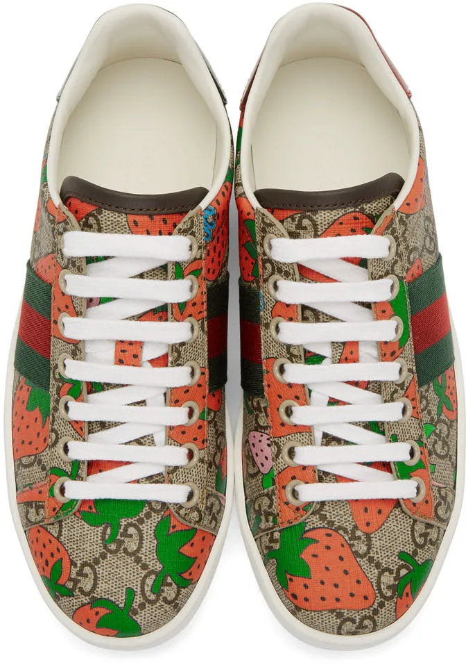 Gucci Beige GG Supreme Strawberry Ace Sneakers