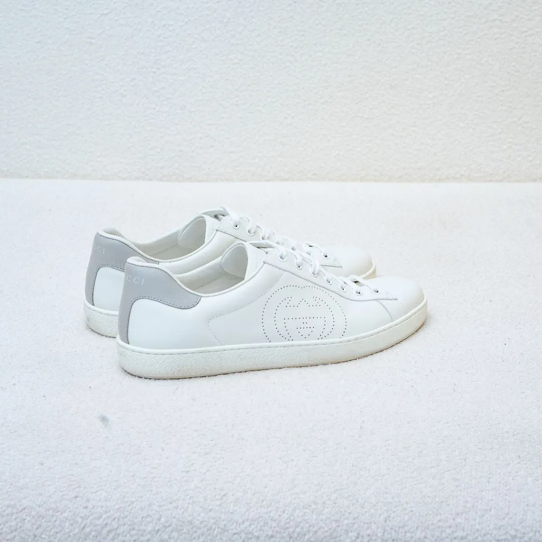 Gucci White Perforated Interlocking G Leather Ace Low Top Sneakers