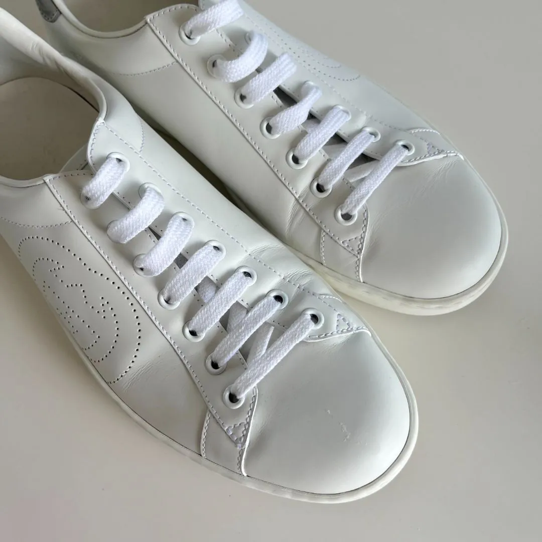 Gucci White Perforated Interlocking G Leather Ace Low Top Sneakers