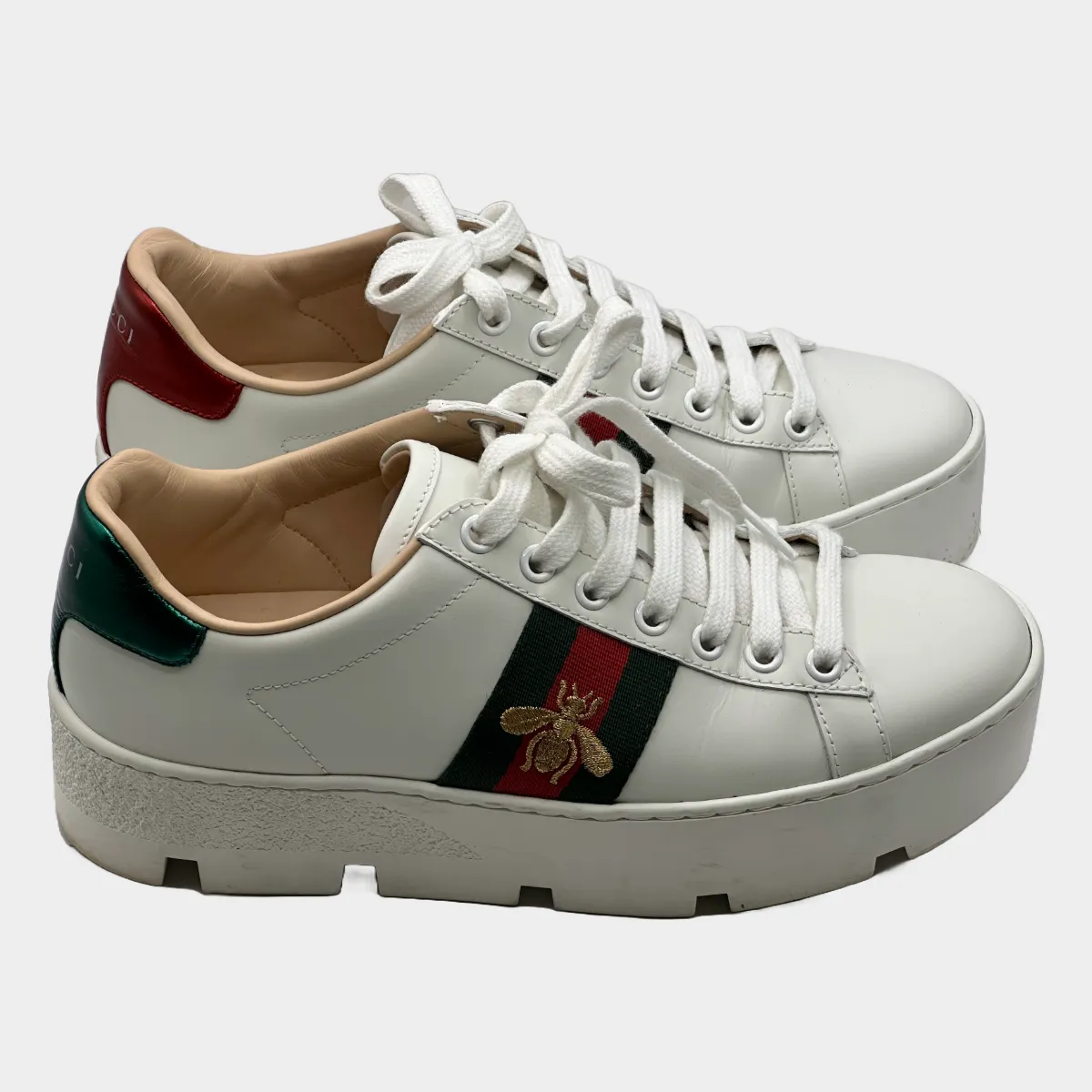 Gucci women's white leather embroidered Ace platform sneakers