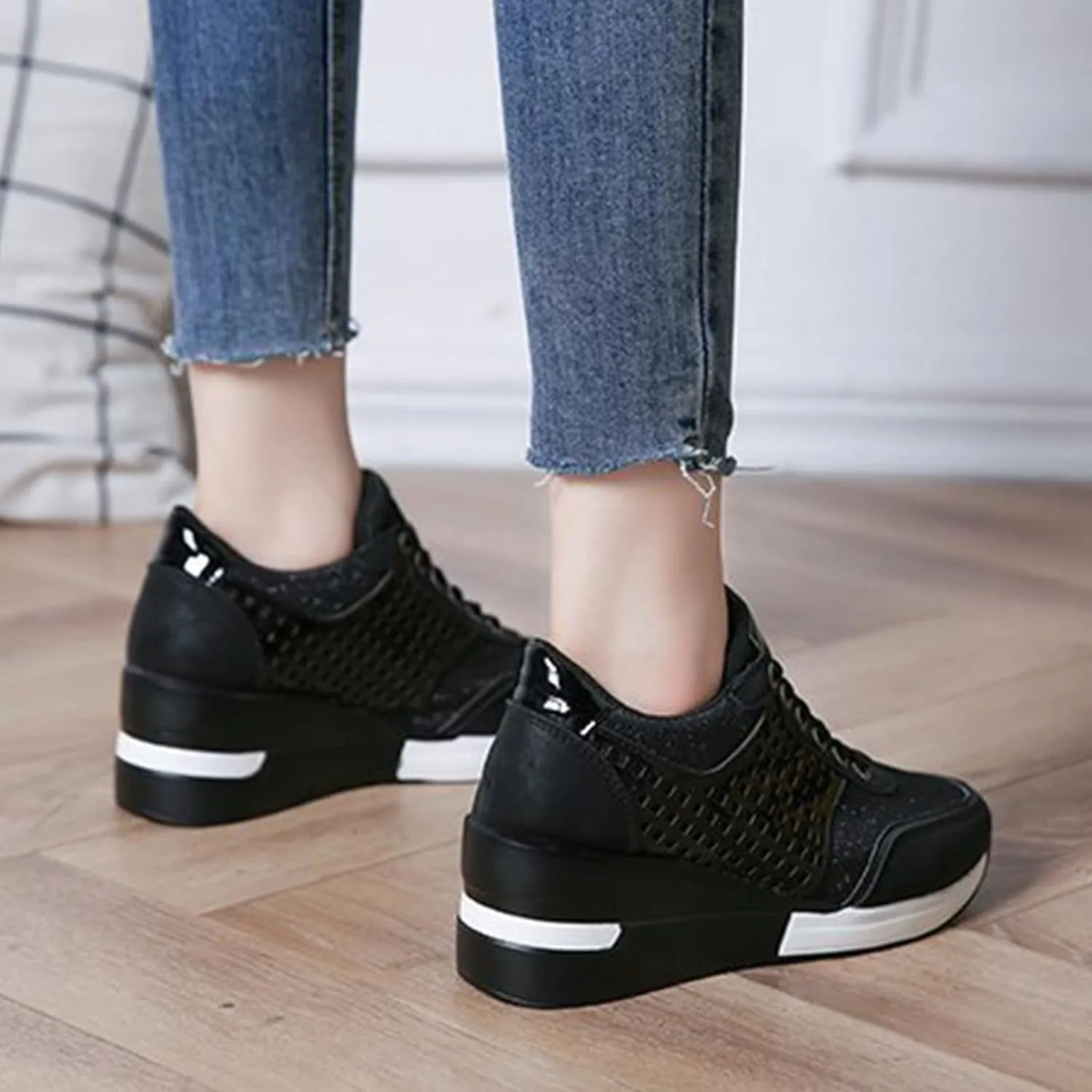 Keilinia Women's High Heeled Wedge Sneakers,2022 Fall Fashion Hidden Casual Comfort Breathable Lace Up Walking Platform Shoes