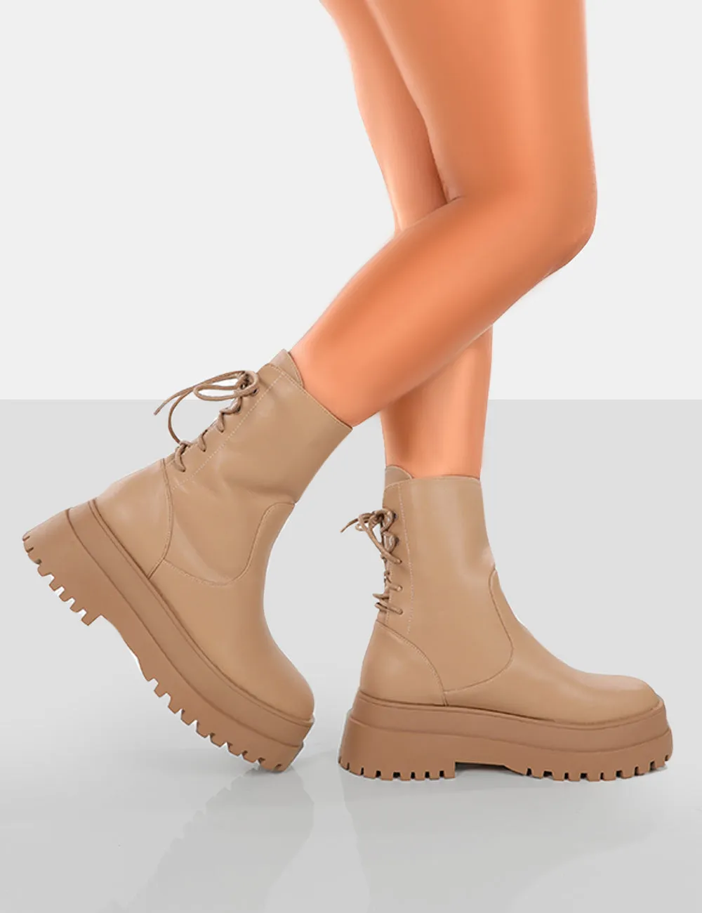 Noelle Camel Chunky Sole Lace Up Detail Ankle Boots