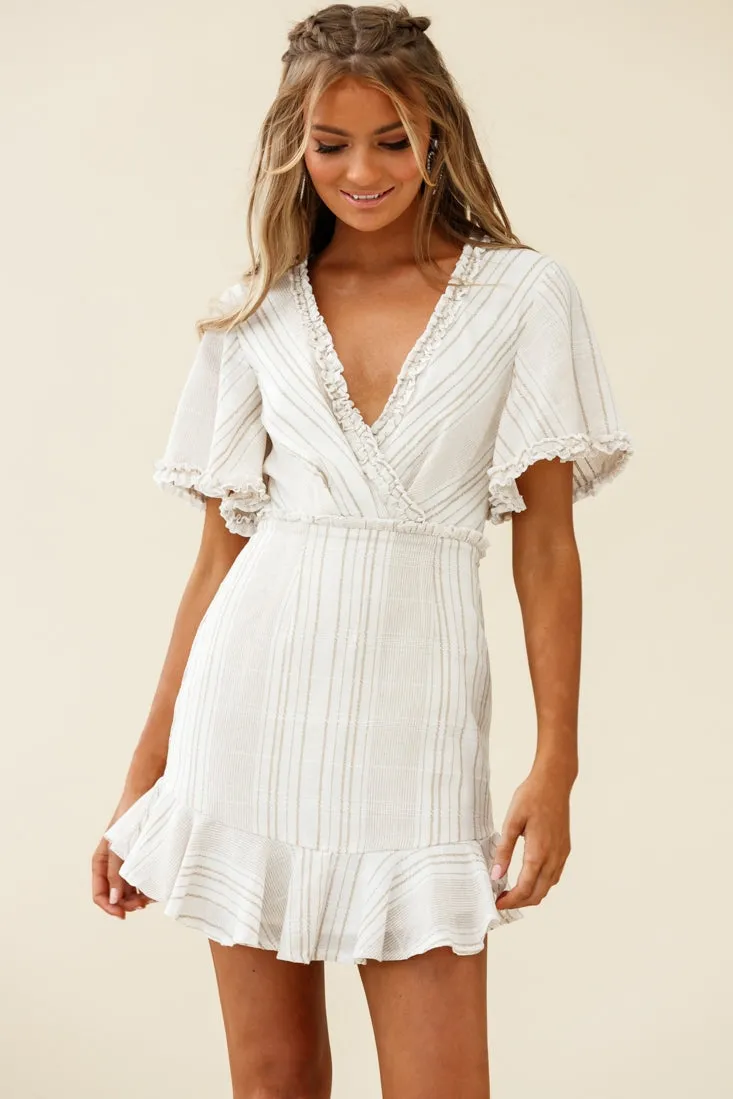 Ochre Open Back Bow Detail Dress Stripe Pattern White/Mocha