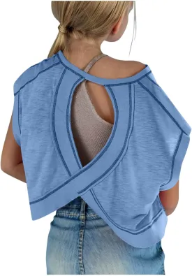 Open Back Tops for Girls Loose Casual Short Sleeve Workout T Shirts 2025 Backless Yoga Y2k Athletic Crop Running Tees