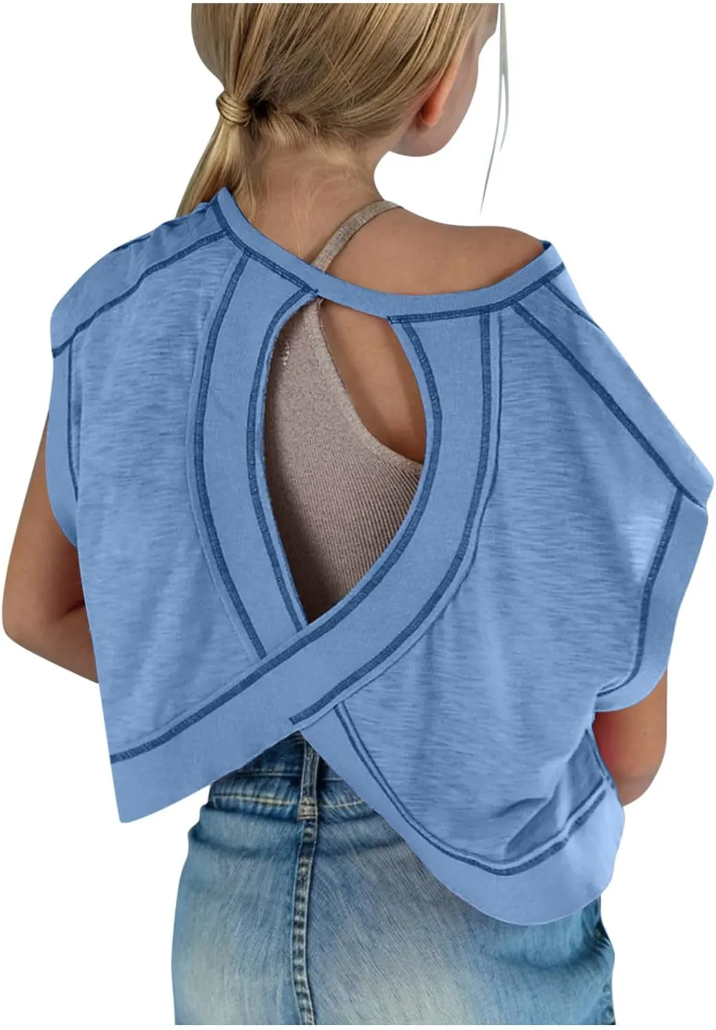 Open Back Tops for Girls Loose Casual Short Sleeve Workout T Shirts 2025 Backless Yoga Y2k Athletic Crop Running Tees