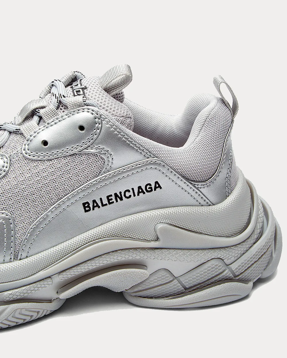 Triple S Logo-Embroidered Silver Low Top Sneakers