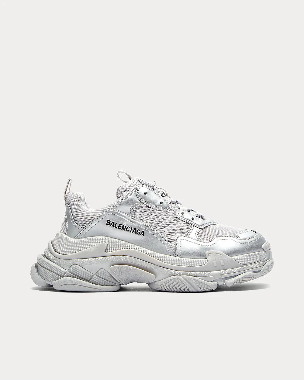 Triple S Logo-Embroidered Silver Low Top Sneakers