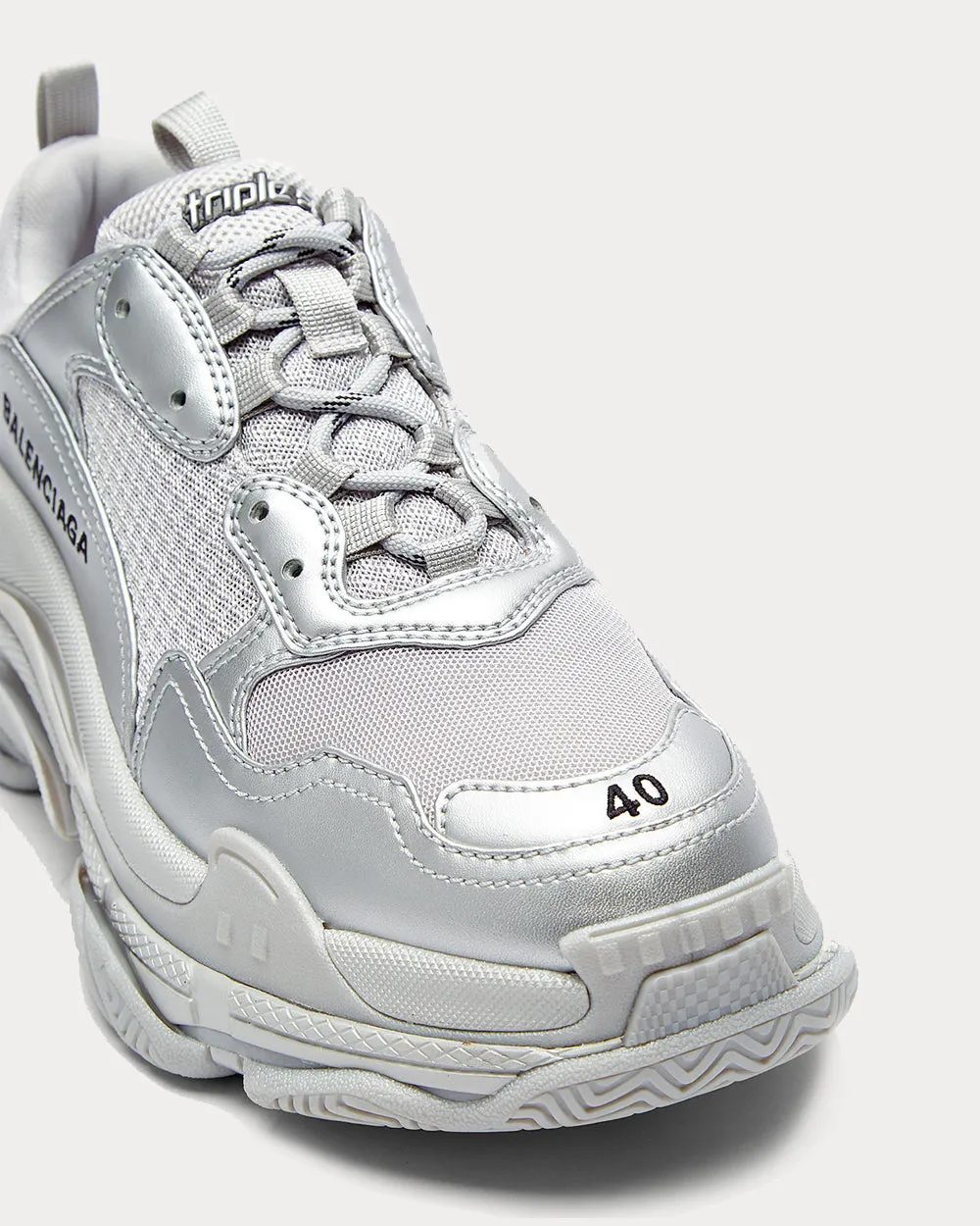 Triple S Logo-Embroidered Silver Low Top Sneakers