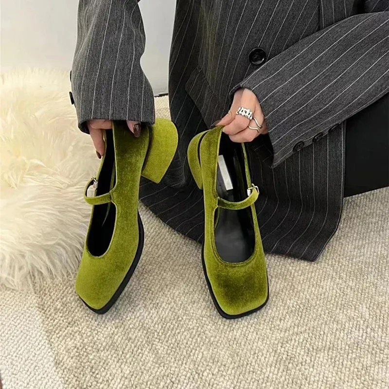 Women Mary Janes Shoes Female Retro Velvet Square Toe Loafers New Casual Pumps Girls Fashion Shallow Buckle Mid High Heels