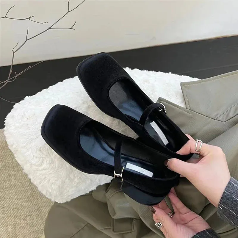 Women Mary Janes Shoes Female Retro Velvet Square Toe Loafers New Casual Pumps Girls Fashion Shallow Buckle Mid High Heels