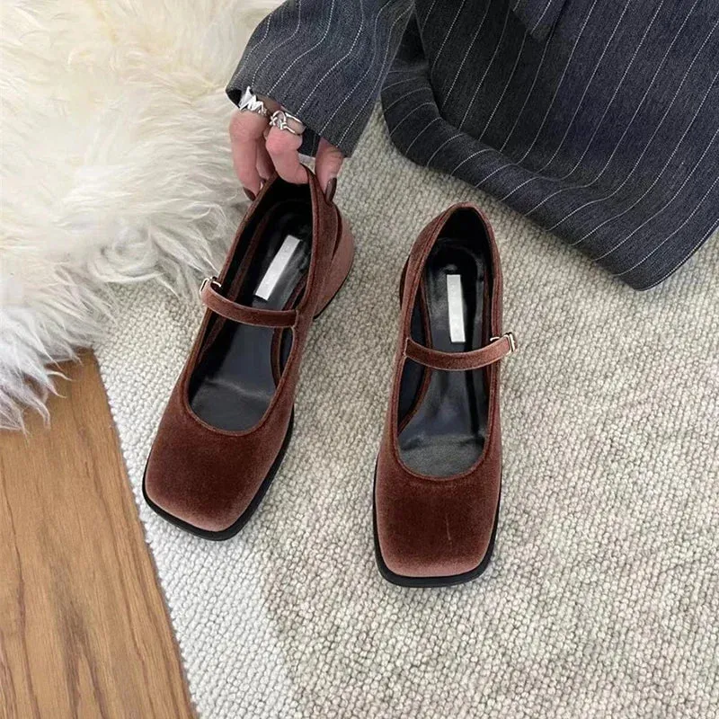 Women Mary Janes Shoes Female Retro Velvet Square Toe Loafers New Casual Pumps Girls Fashion Shallow Buckle Mid High Heels