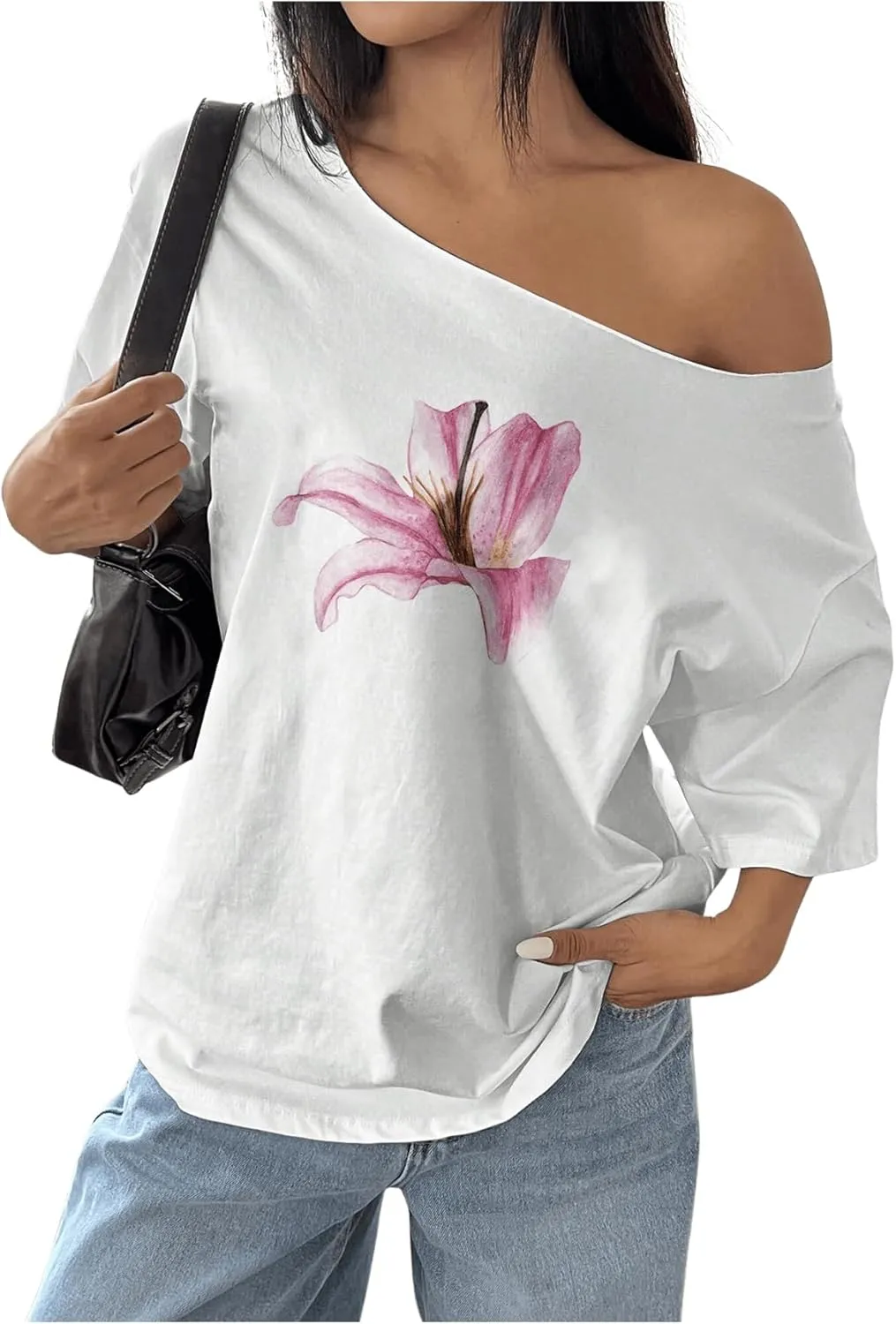 Women's Off The Shoulder Tops Floral Graphic Oversized Tshirts Shirts Y2k Summer Tops Trendy