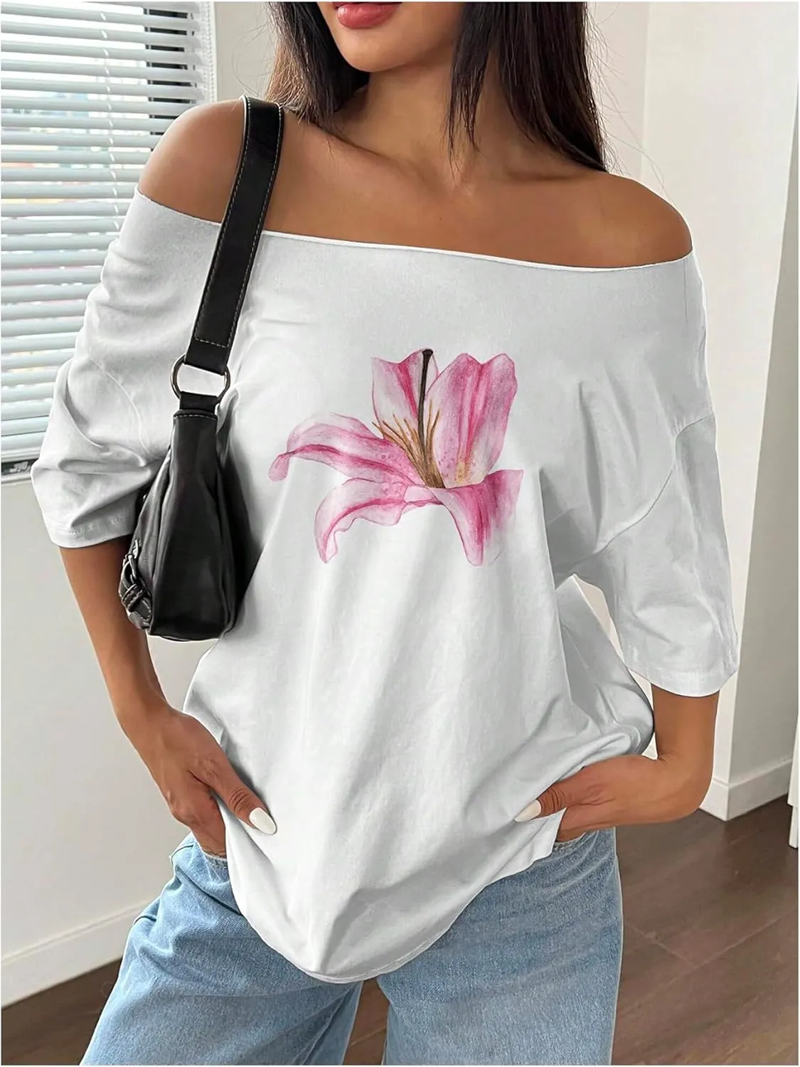Women's Off The Shoulder Tops Floral Graphic Oversized Tshirts Shirts Y2k Summer Tops Trendy