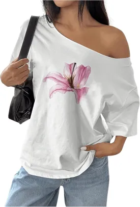 Women's Off The Shoulder Tops Floral Graphic Oversized Tshirts Shirts Y2k Summer Tops Trendy
