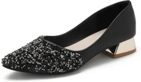 Women's Pumps, Closed Toe Chunky Heels for Women, Comfortable Work Pumps Shoes, Pointed Toe Rhinestones Dress Wedding Pumps for Women
